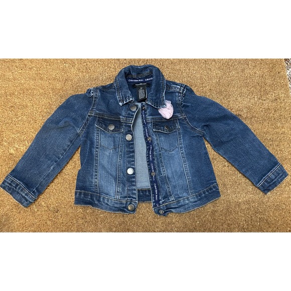 Calvin Klein Jeans Girls Denim Jacket Size 3T With Pink Rose - Picture 1 of 9